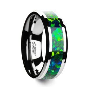 Photon Beveled Edges and Green Blue Synthetic Opal Inlay -  8mm  Sz 10